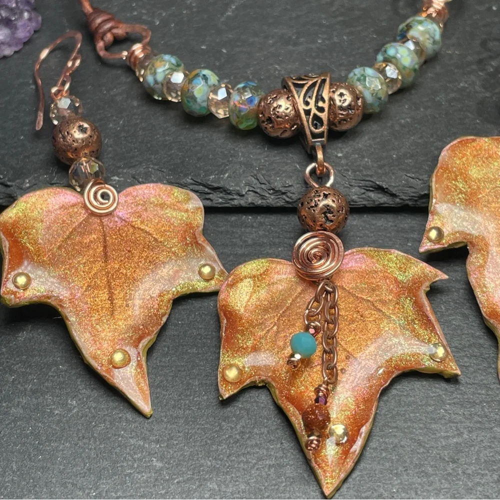 Autumn Leaf Jewelry Set Fairycore Earrings And Pendant | Artisan Jewelry